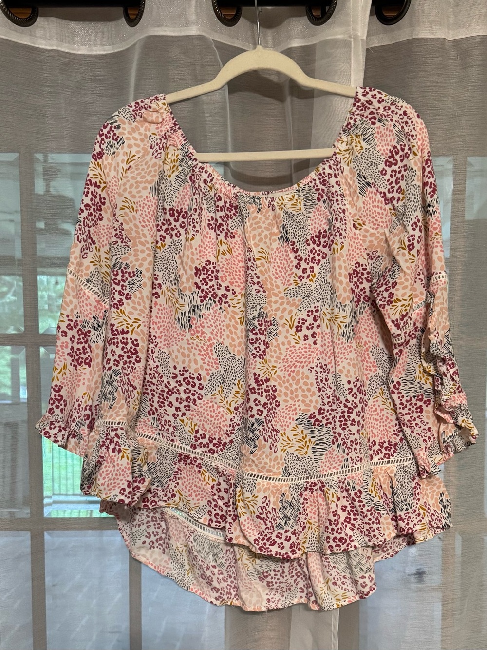 Fever Pink Multi-Print Ruffle Peasant Blouse